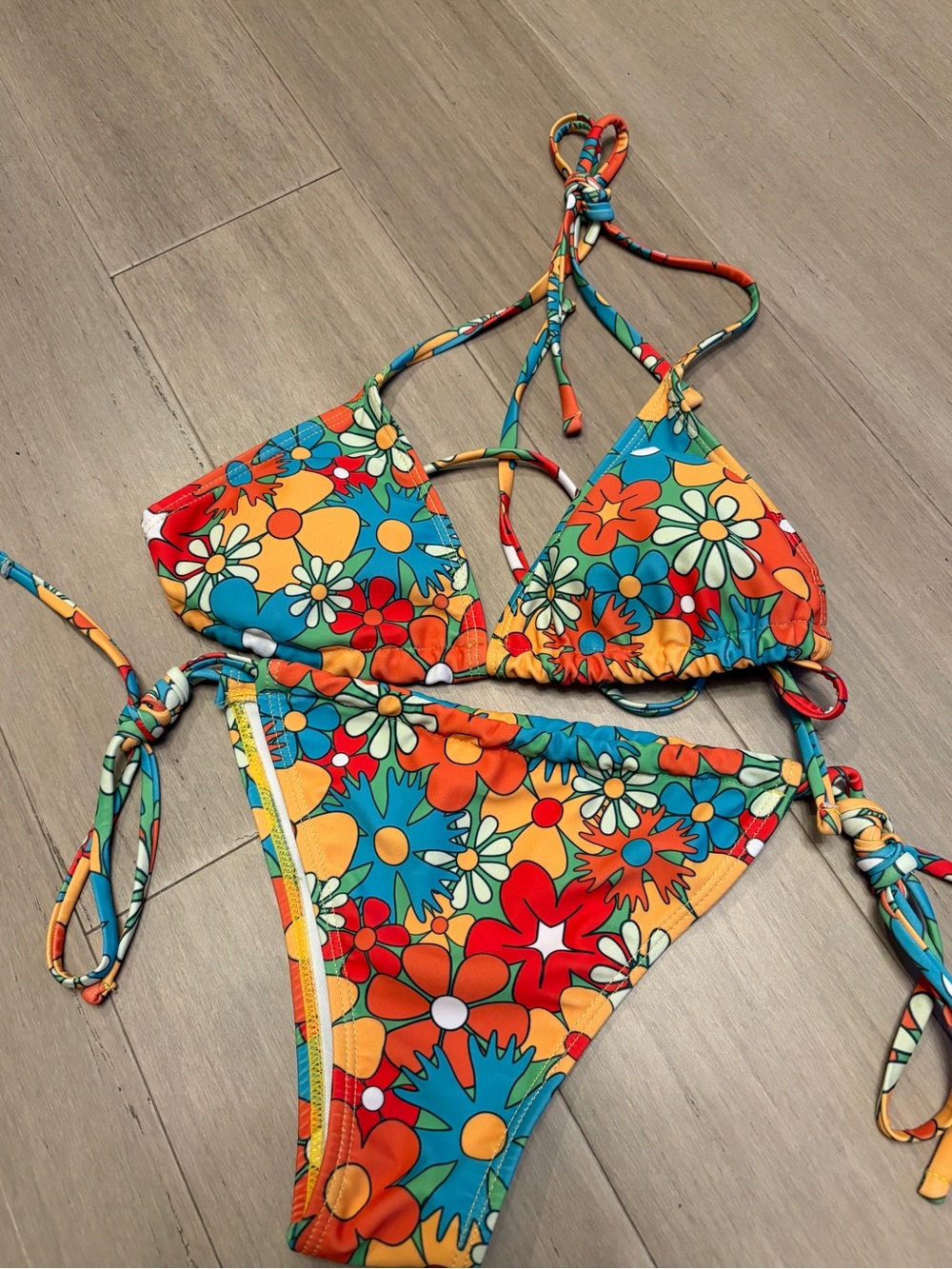 ROMWE Floral Triangle Bikini in Turquoise, Orange & Red